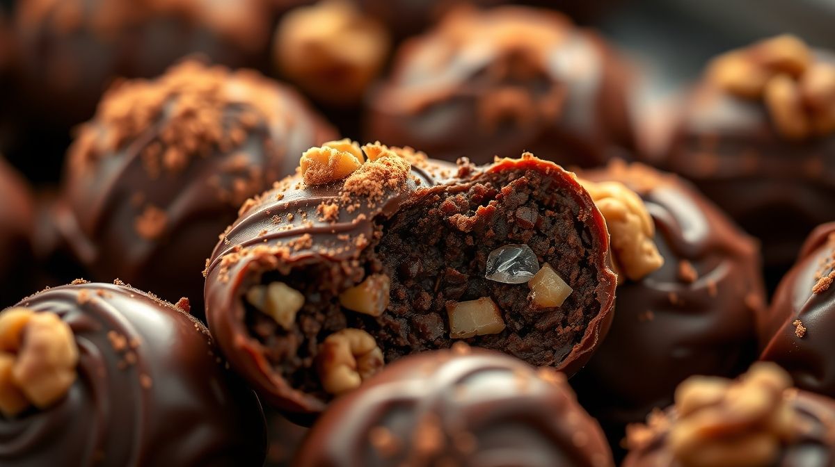 Close-up de uma trufa de tâmara cortada ao meio, mostrando a textura cremosa e o contraste do cacau.