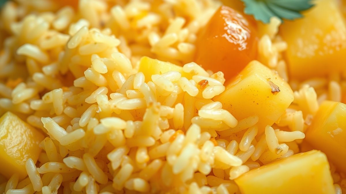 Close-up do arroz com curry e abacaxi, destacando textura dos grãos e pedaços de fruta