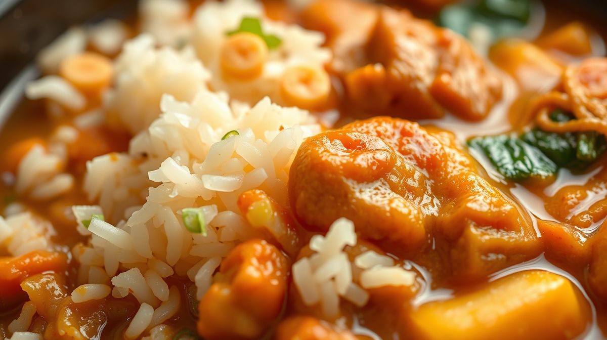 Close-up do curry japonês servido com arroz branco soltinho, destacando o molho espesso e brilhante.