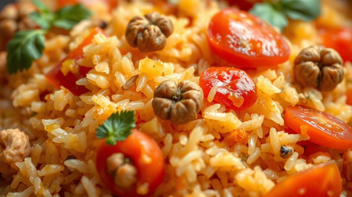 Close-up do arroz pronto com textura macia dos grãos, tomates inteiros suculentos e nozes crocantes por cima