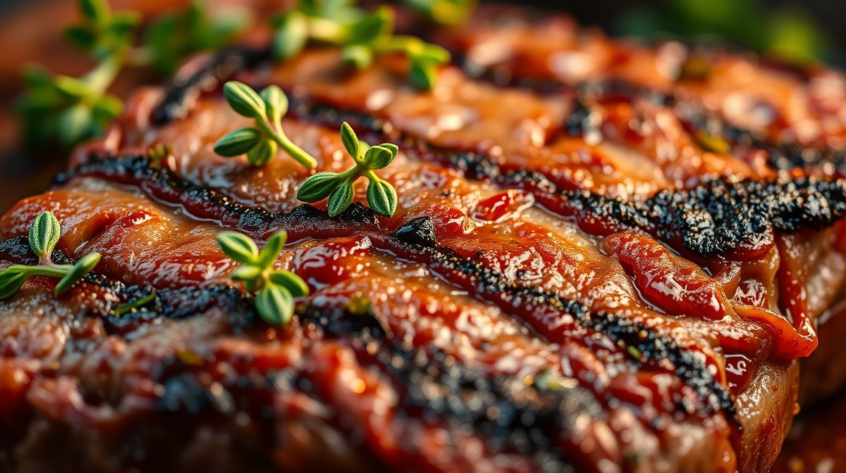Close-up com textura dourada do bife grelhado, orégano visível e suculência da carne