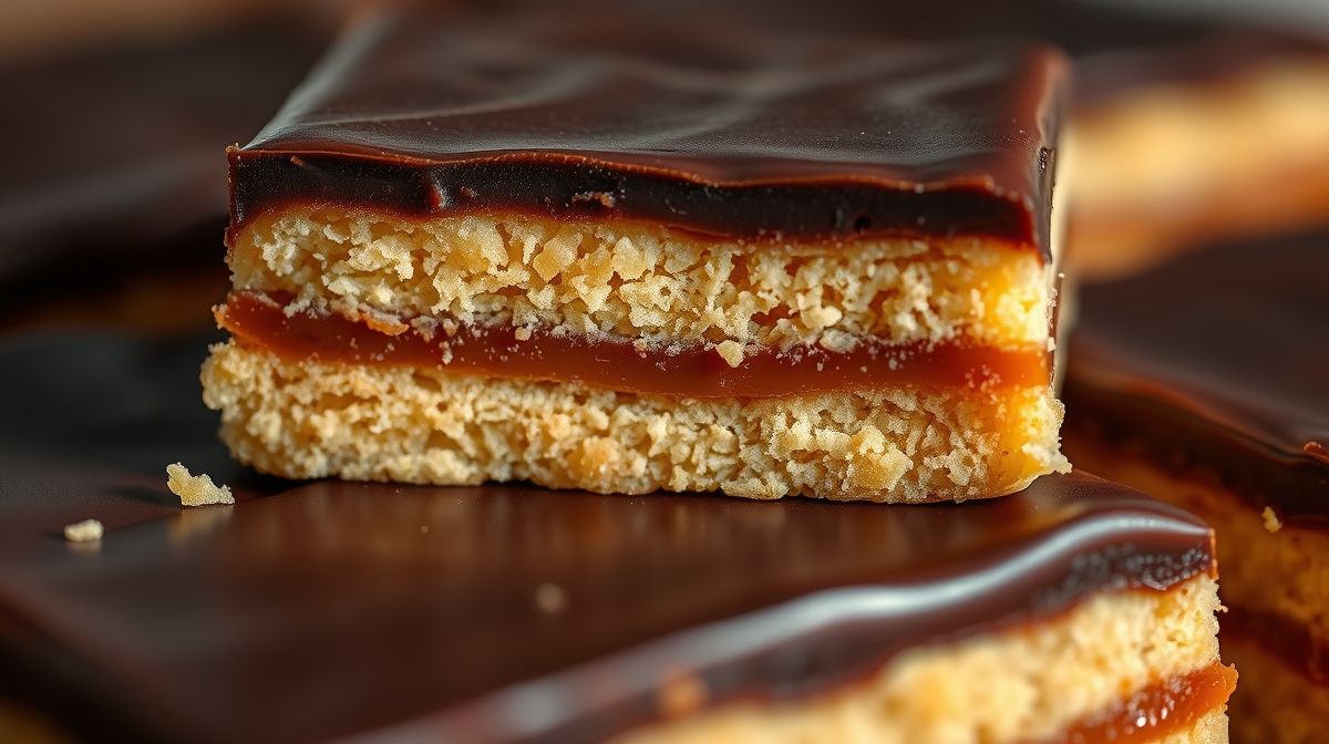 Close-up de um pedaço cortado mostrando camadas de biscoito, caramelo e chocolate