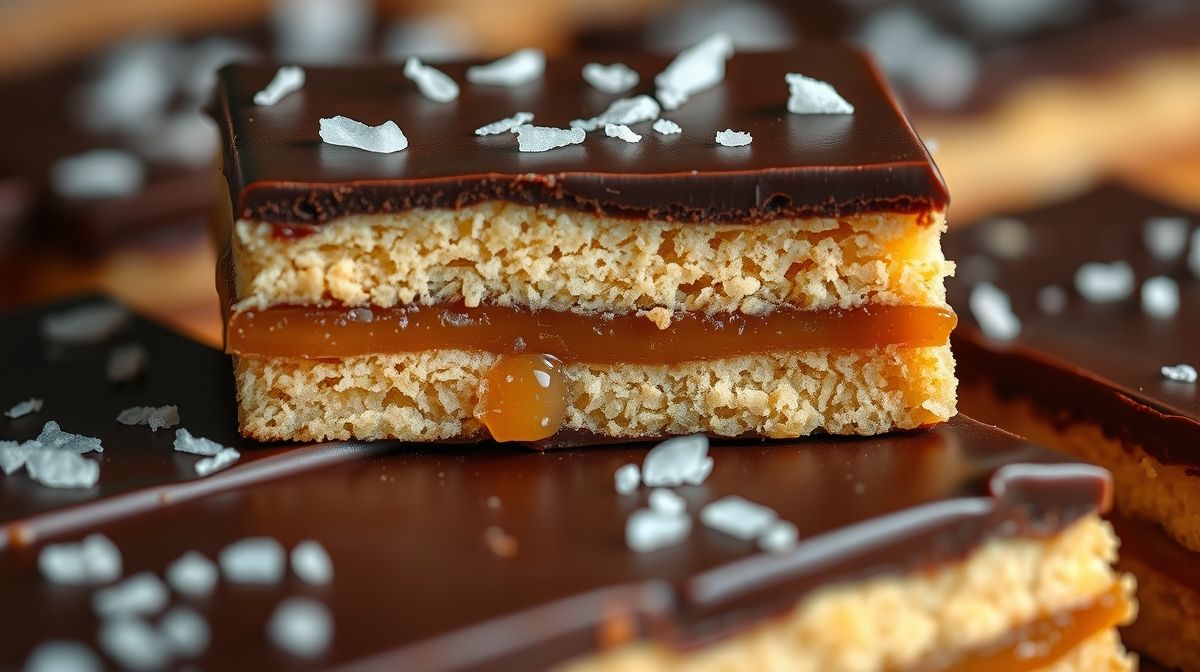 Close-up mostrando corte limpo que revela as camadas de biscoito, caramelo e chocolate com flor de sal