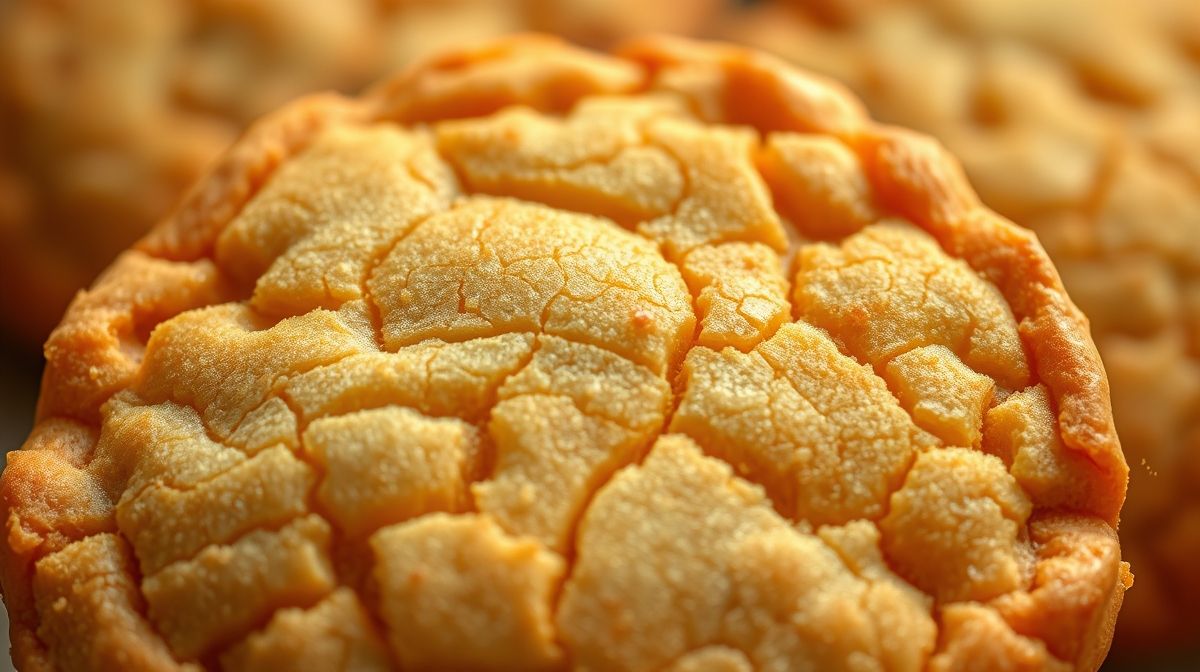 Close-up de biscoito de fécula de batata destacando sua textura crocante e delicada.