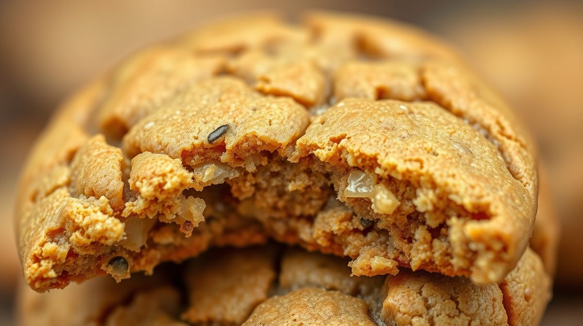 Close-up de um biscoito fit partido ao meio, mostrando textura crocante por fora e macia por dentro