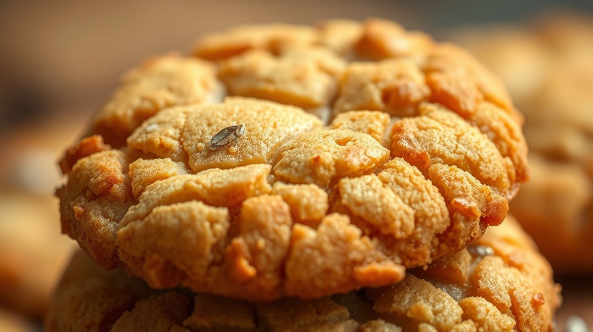 Close-up do biscoito dourado mostrando textura crocante