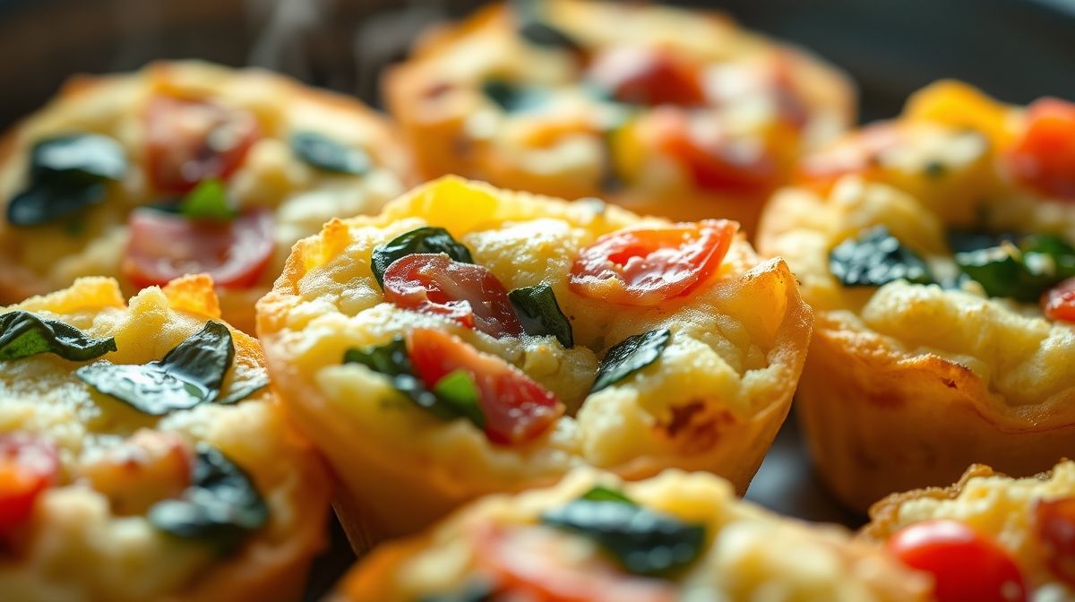 Close-up de um bolinho de ovo fit cortado ao meio, mostrando a textura fofa e recheio colorido