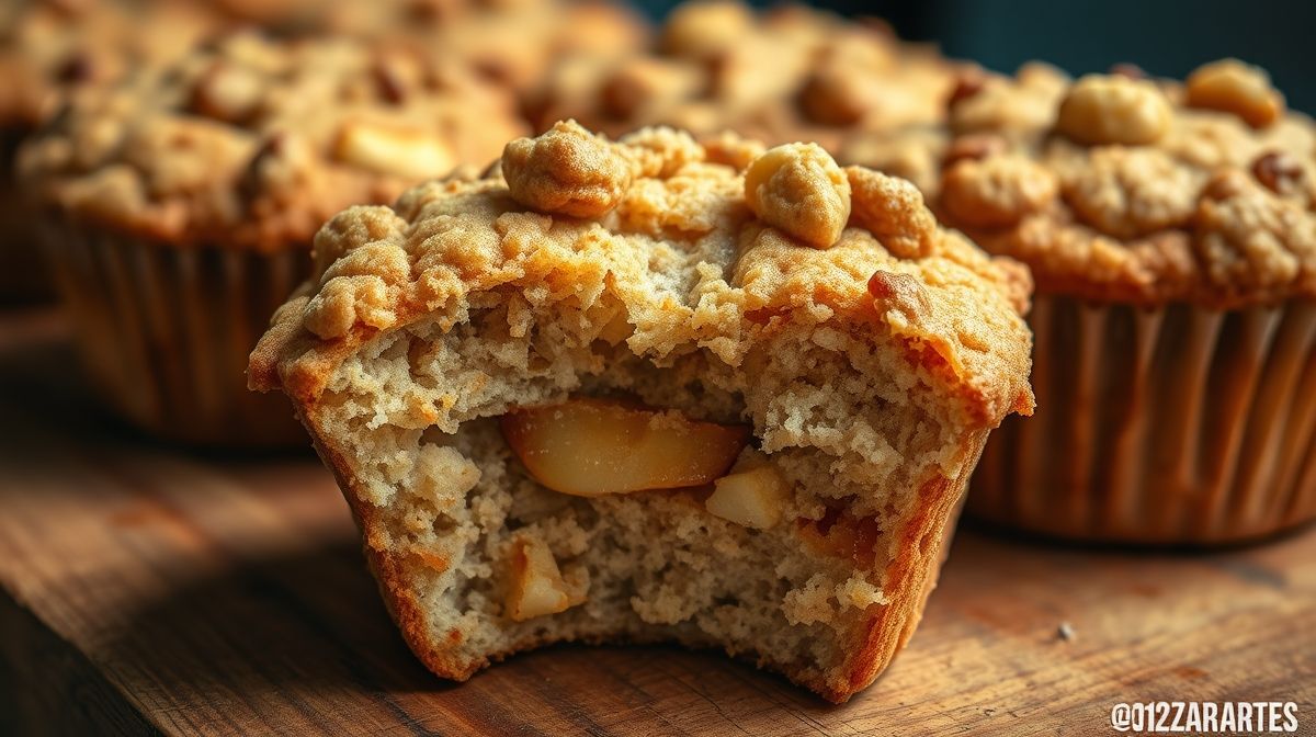 Close-up mostrando a textura macia do bolinho aberto, com pedaços de maçã visíveis.