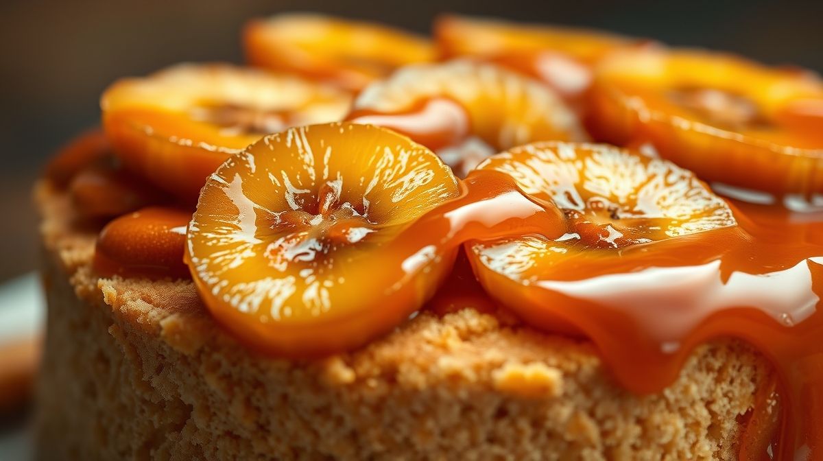 Close-up destacando a textura caramelizada das bananas e a massa fofinha.