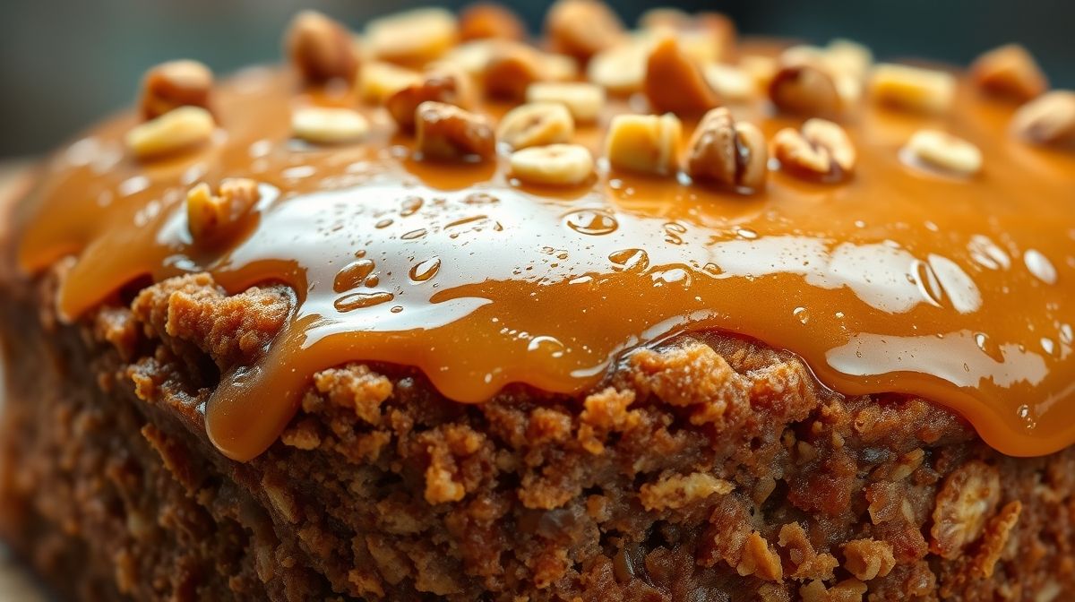 Close-up do bolo fofinho, mostrando sua textura úmida e a cobertura de geleia com nozes