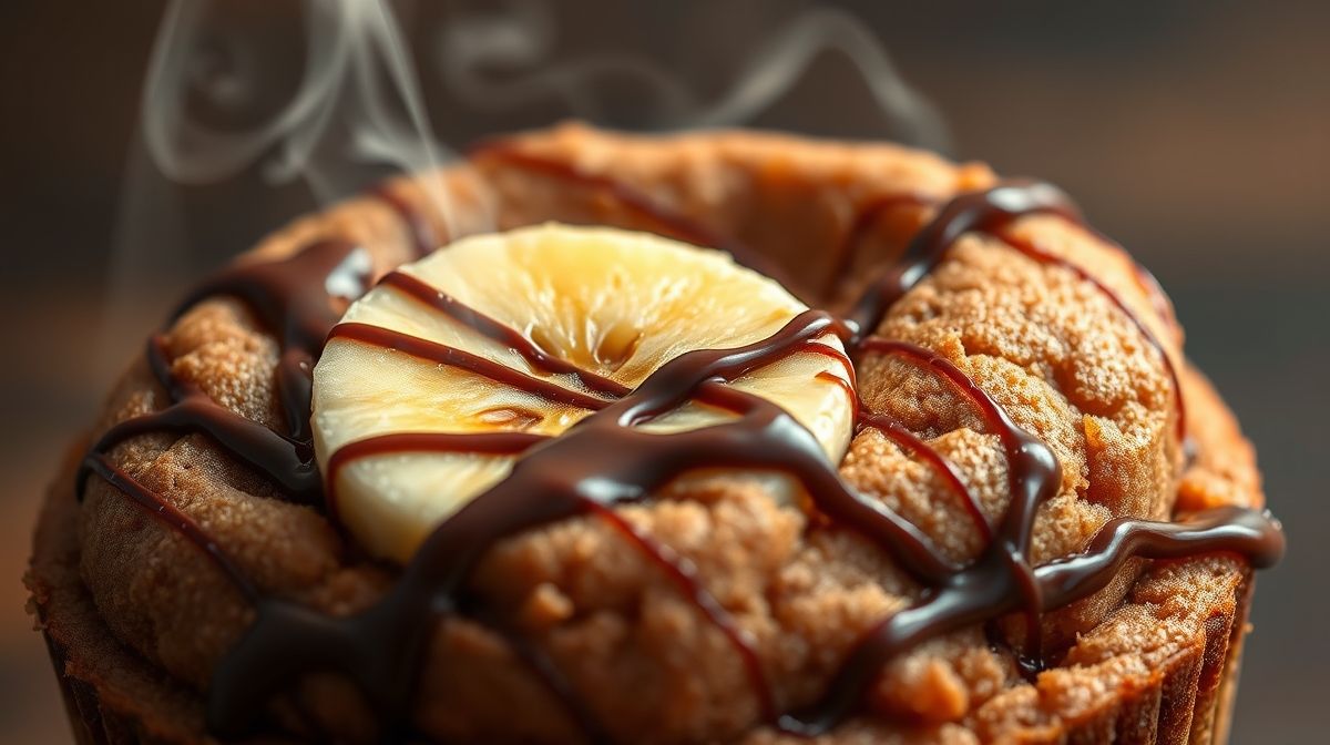 Close-up do bolo de caneca pronto, destacando textura fofinha e detalhes do cacau