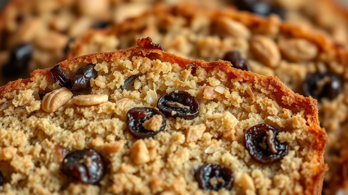 Close-up de uma fatia do bolo, textura macia destacada com uvas passas visíveis