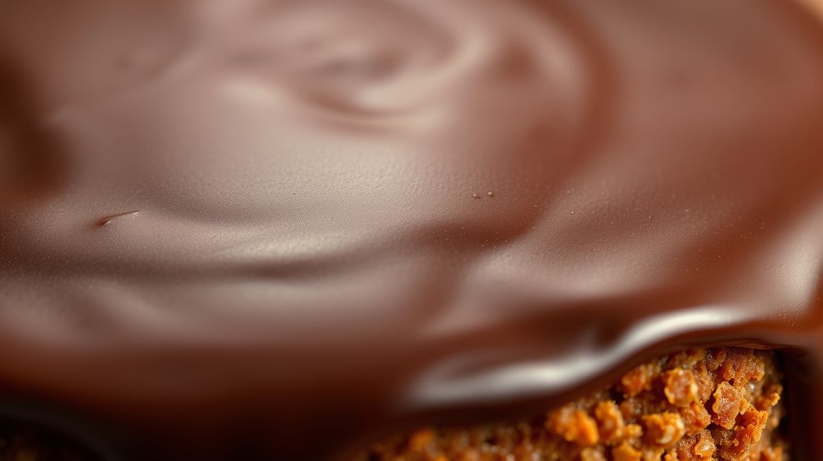 Close-up do bolo de cenoura fit cortado, mostrando a textura fofinha e a cobertura de chocolate brilhante