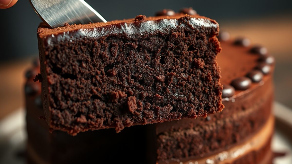 Close-up da fatia do bolo de chocolate vegano sem glúten e sem açúcar, mostrando a textura úmida e o interior macio