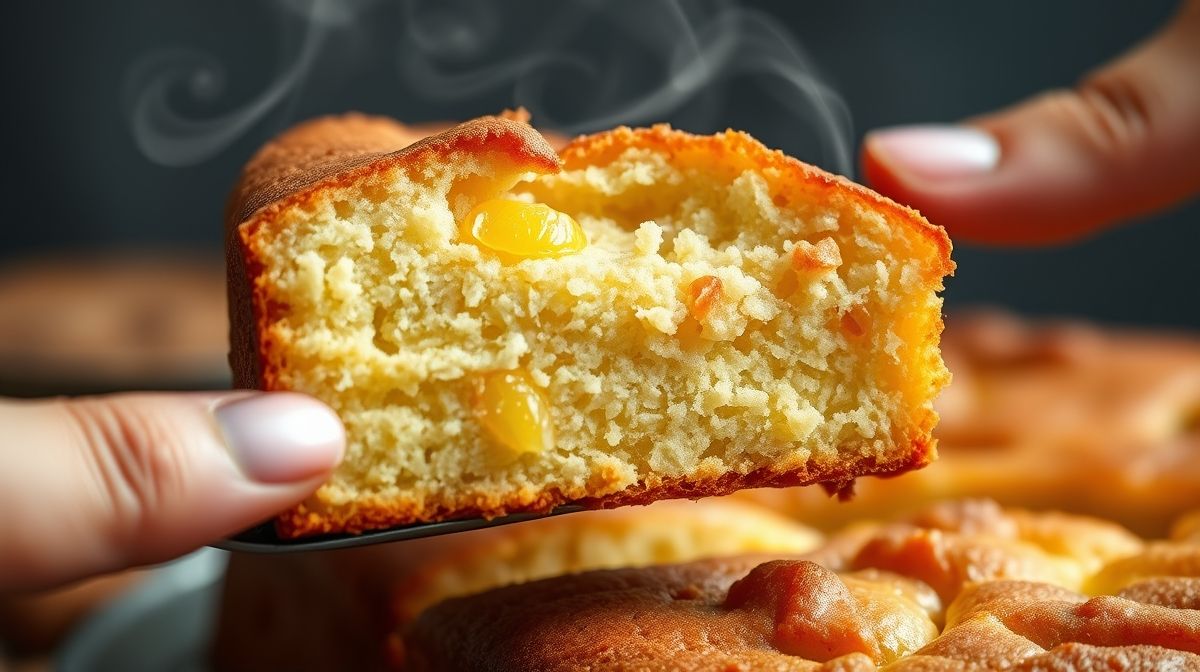 Close-up da fatia do bolo de laranja sem glúten destacando a textura úmida e dourada