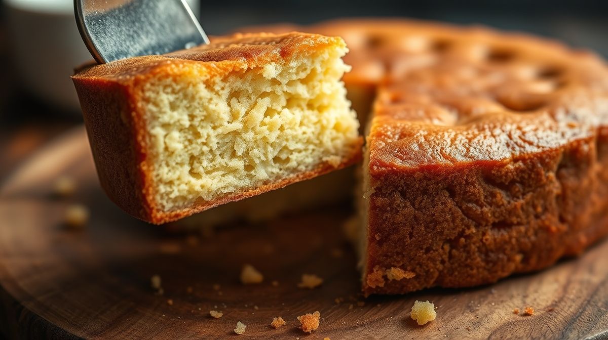 Close-up da textura úmida e dourada do bolo, com uma fatia cortada evidenciando o interior
