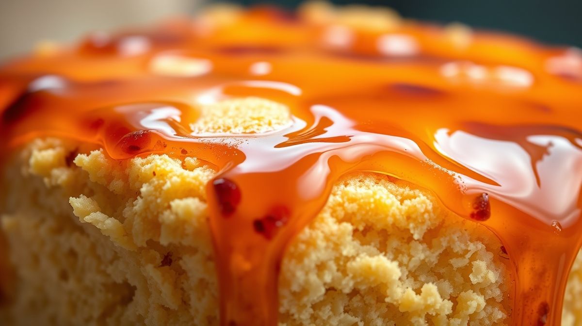 Close-up do bolo pronto, fatia cortada revelando textura fofa e calda escorrendo