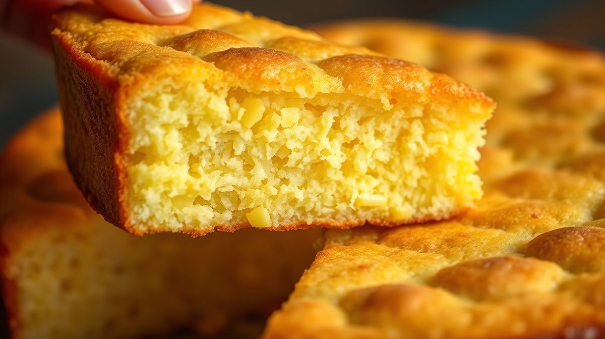 Close-up do bolo de milho fit cortado, destacando a textura fofinha e úmida da massa.