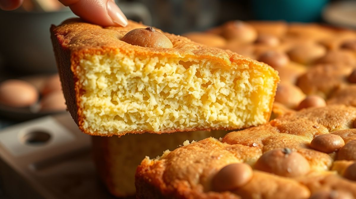 Close-up em fatia do bolo de milho fit, mostrando textura úmida e macia.