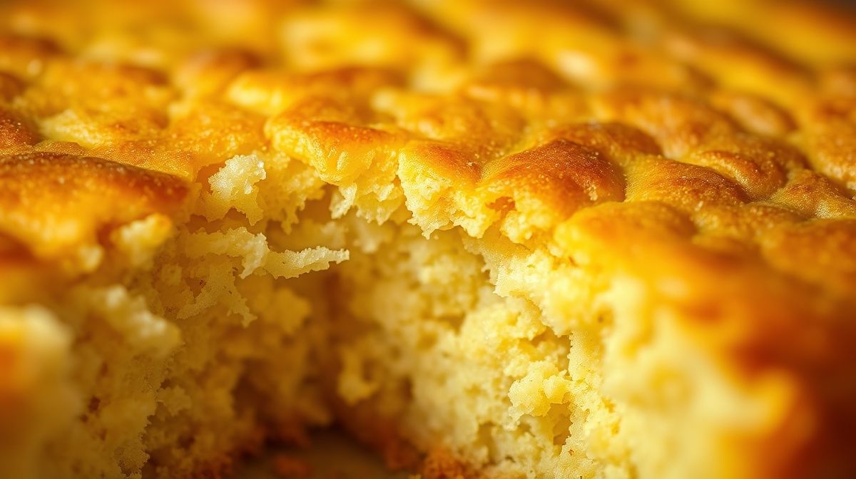 Close-up da fatia do bolo de milho fit mostrando a textura úmida e macia.