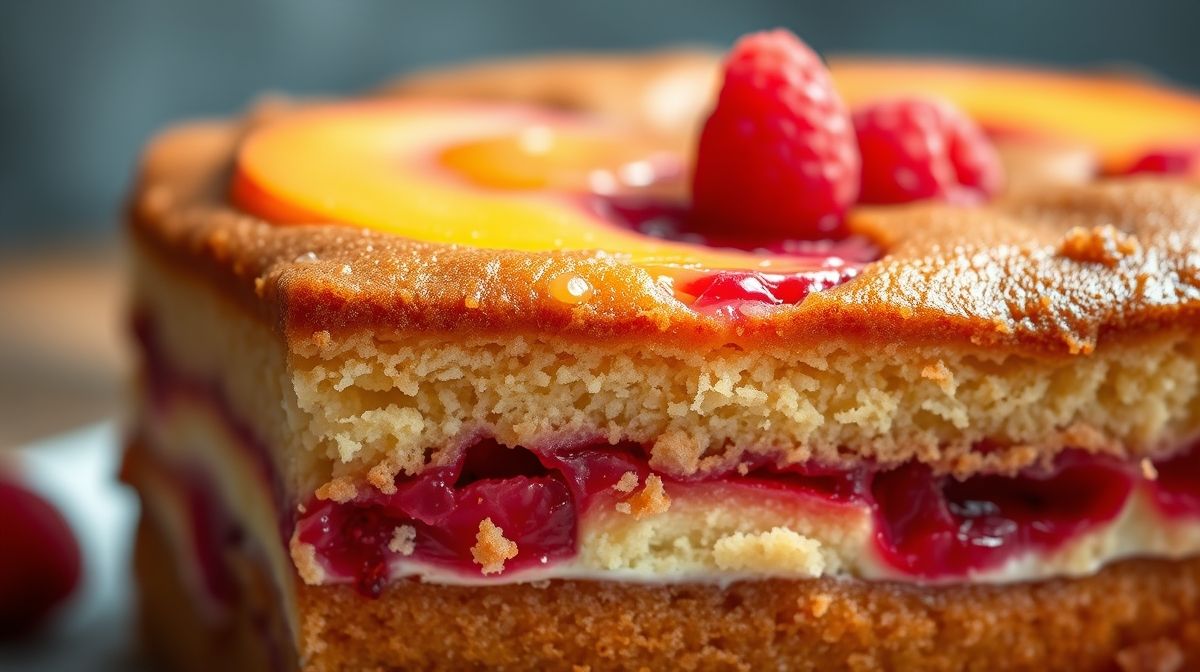 Close-up mostrando a textura úmida do bolo com fatias de pêssegos e framboesas no topo