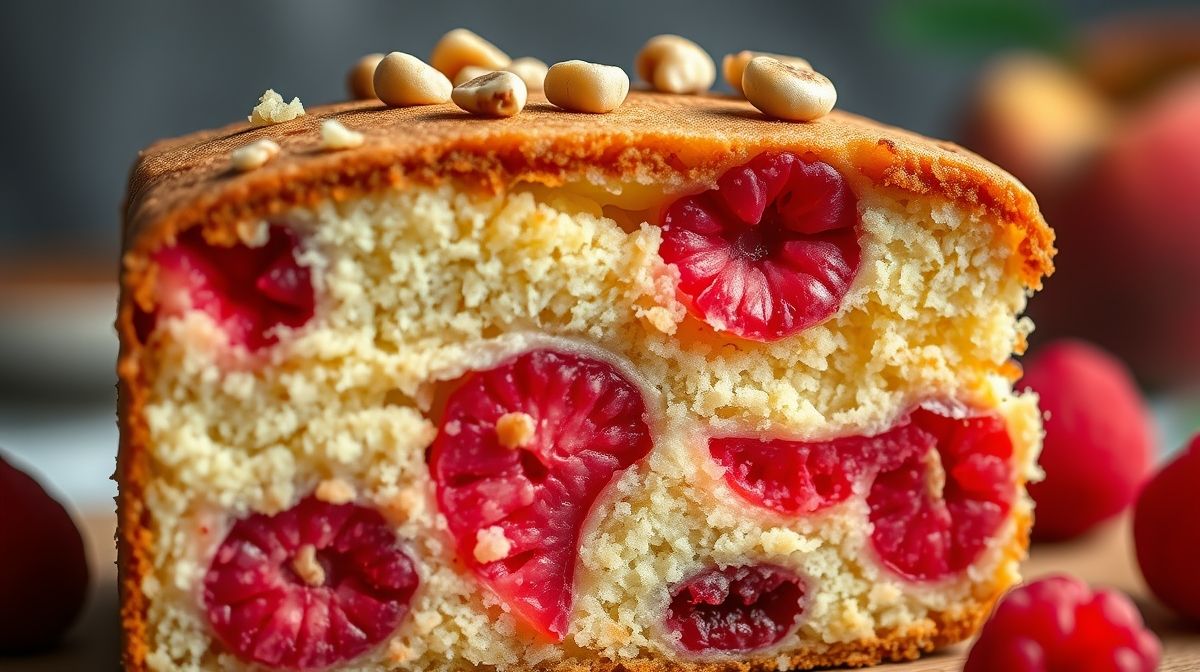 Close-up do bolo pronto mostrando textura úmida, pedaços de fruta e crocância de nozes