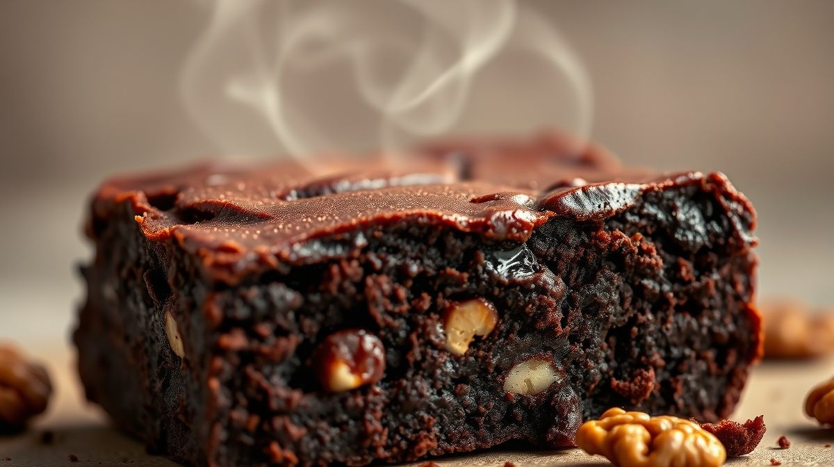 Close-up de um brownie cortado ao meio mostrando o interior úmido e com pedaços de nozes