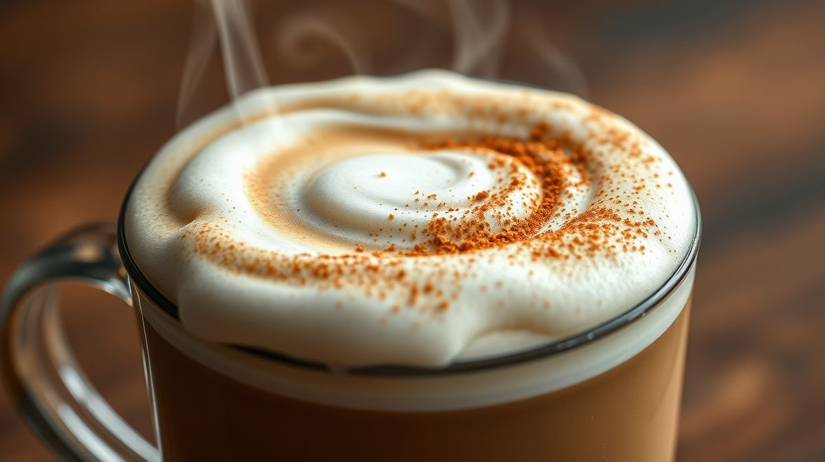 Close-up da xícara de cappuccino sem açúcar, destacando a cremosidade e a espuma com canela polvilhada