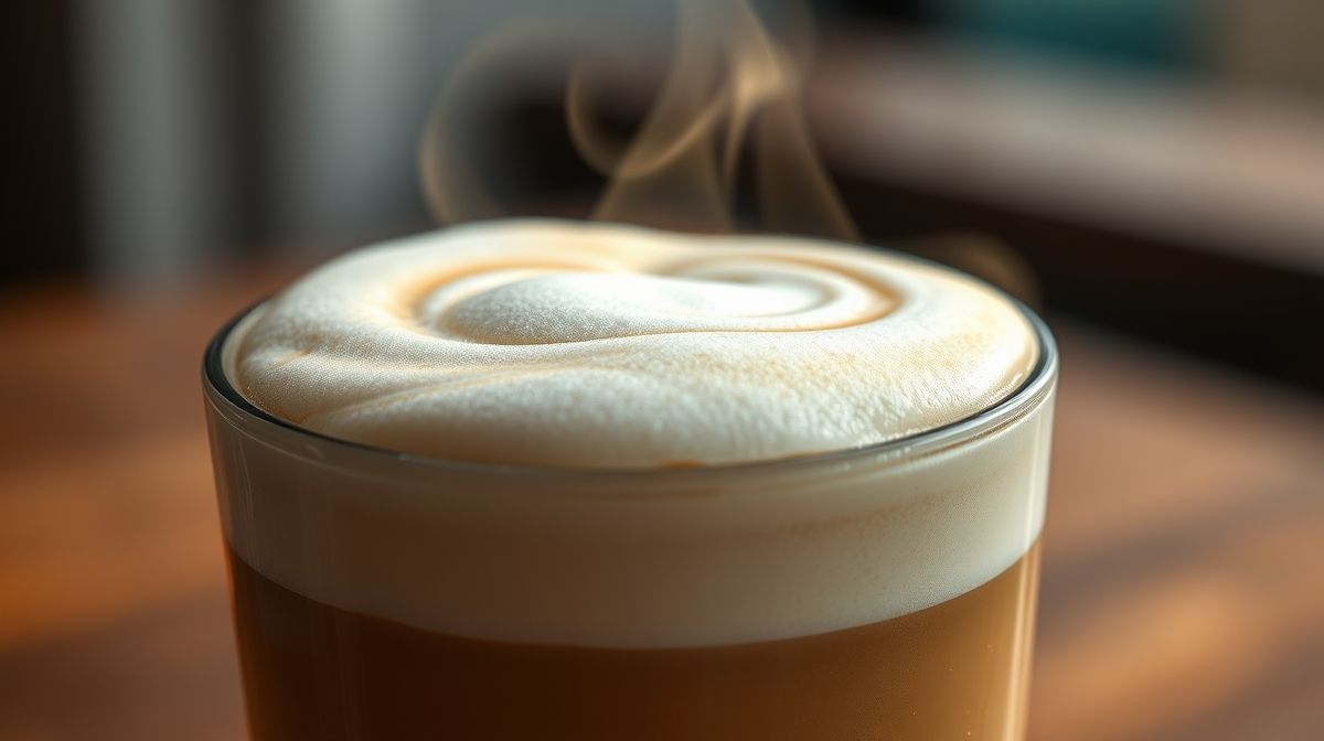 Close-up da xícara de cappuccino mostrando espuma cremosa e textura delicada