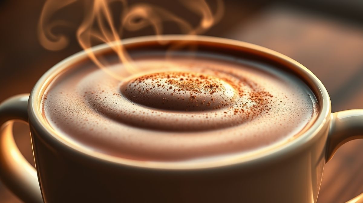 Close-up da caneca de chocolate quente fit mostrando a cremosidade e textura