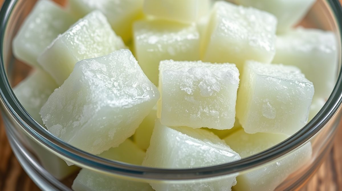 Close-up mostrando os pedaços de chuchu congelado, destacando textura e frescor