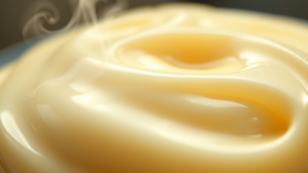 Close-up do creme de confeiteiro pronto, destacando sua textura lisa e brilhante.