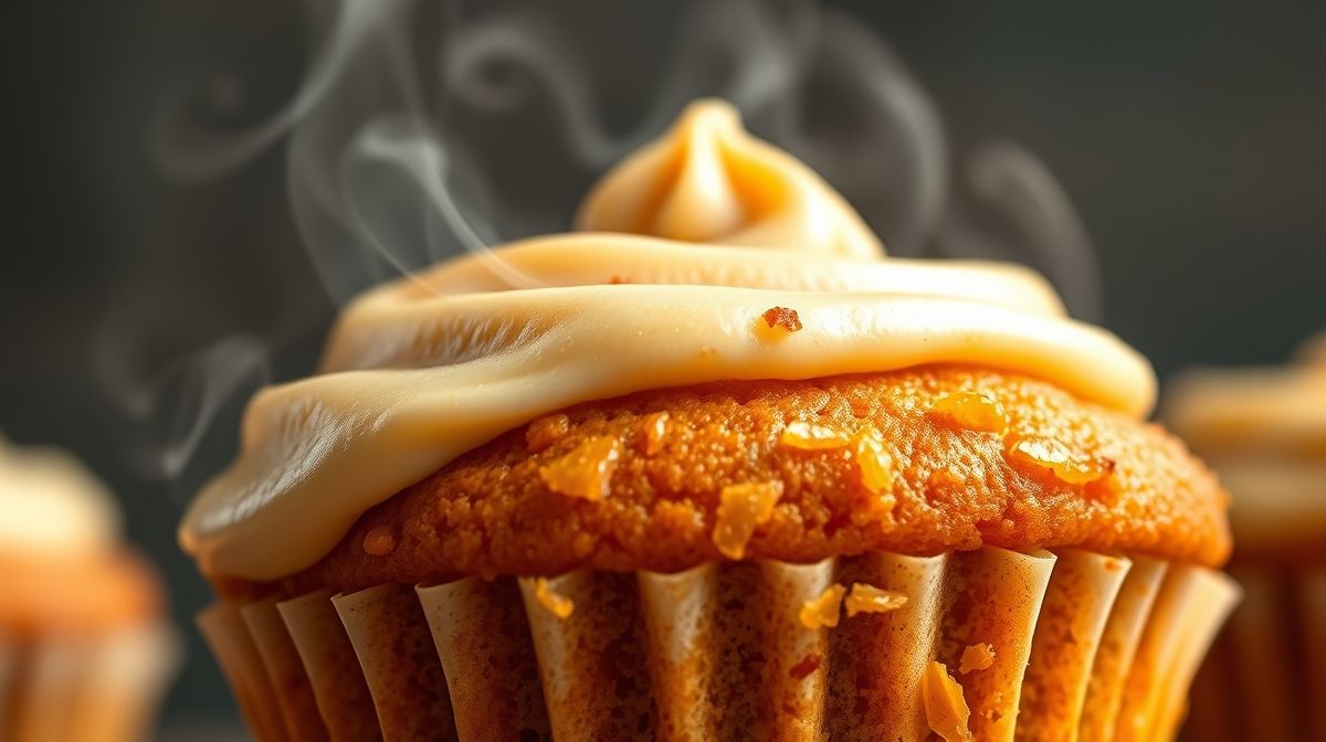 Close-up mostrando a textura macia do cupcake de cenoura partido ao meio, destacando sua leveza