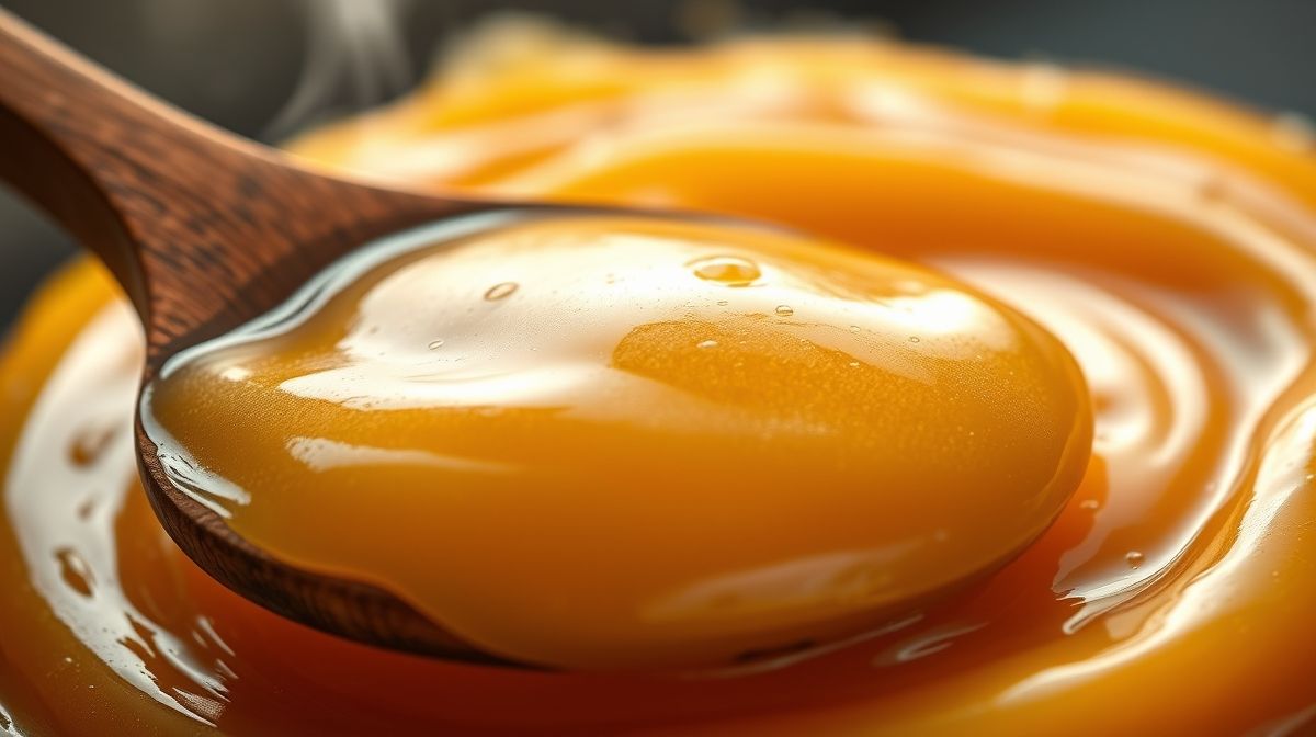 Close-up do doce já pronto, cremoso, dourado e com textura brilhante em colher de madeira