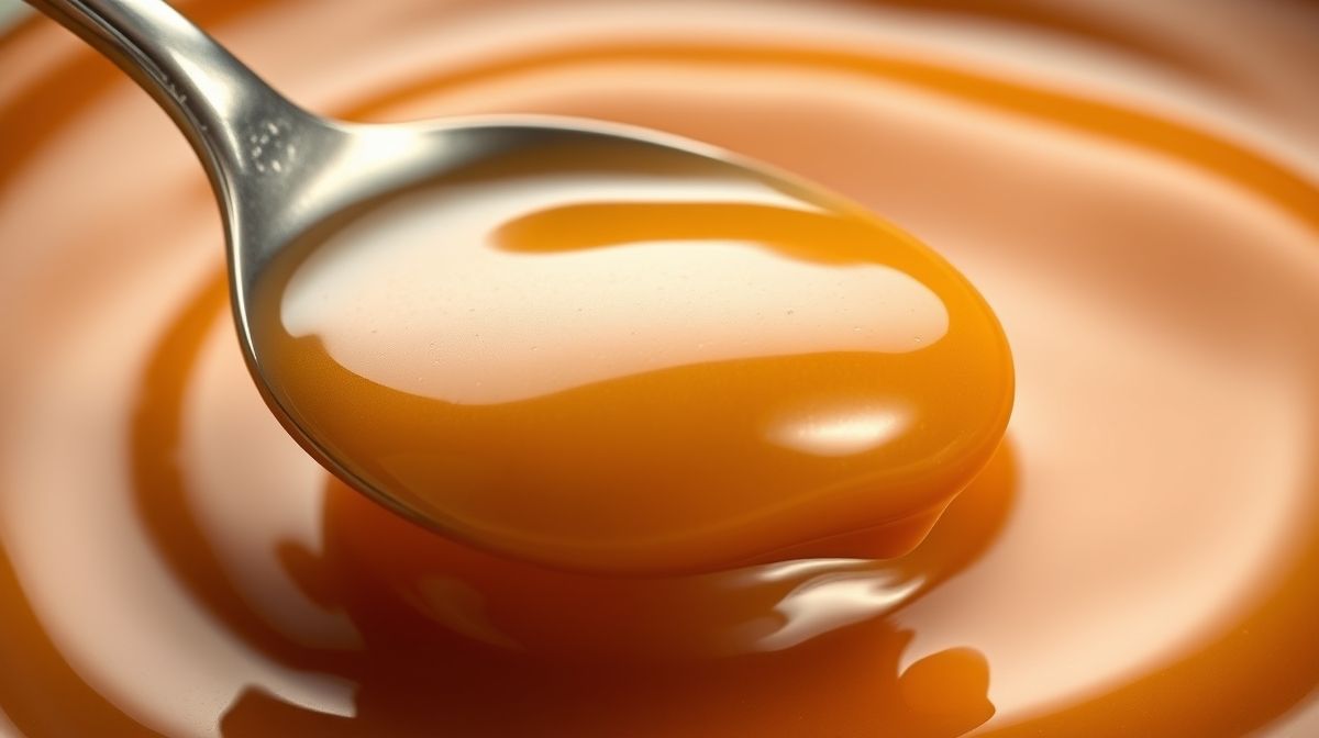 Close-up do doce de leite sem açúcar pronto, destacando textura cremosa e brilho suave