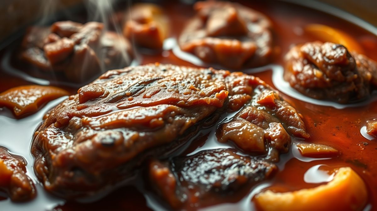 Close-up do ensopado de carne de anta, caldo encorpado e pedaços macios em destaque.