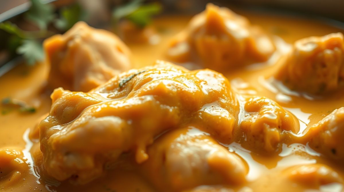 Close-up do curry pronto, destacando textura cremosa e pedaços de frango suculentos.
