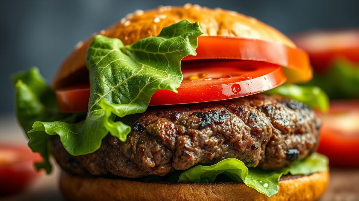 Close-up do hambúrguer fit mostrando a textura da carne e o frescor dos vegetais