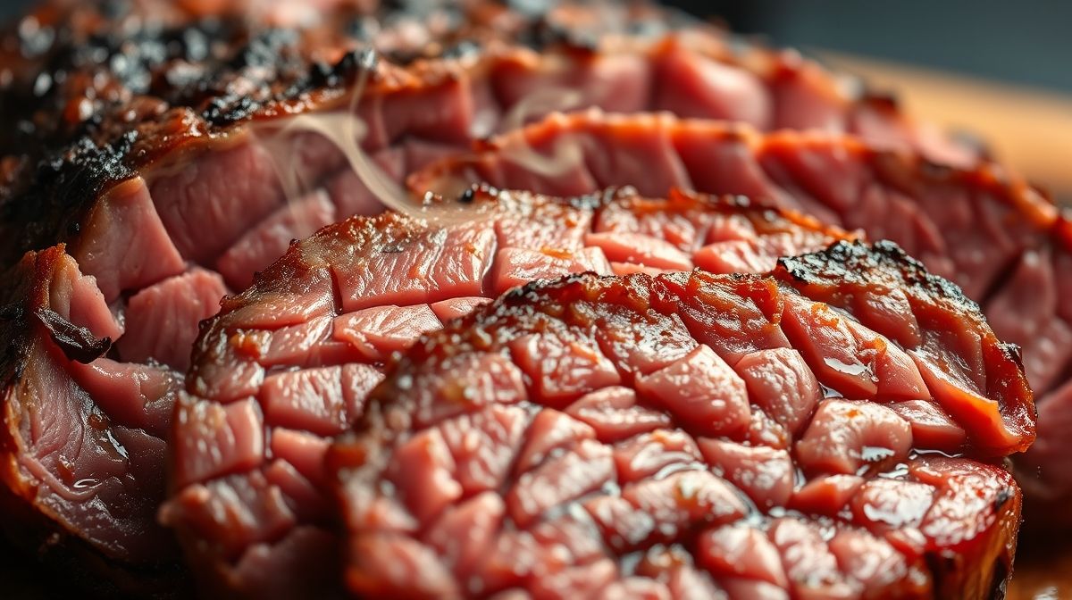 Close-up do lagarto fatiado, mostrando suculência e textura macia.