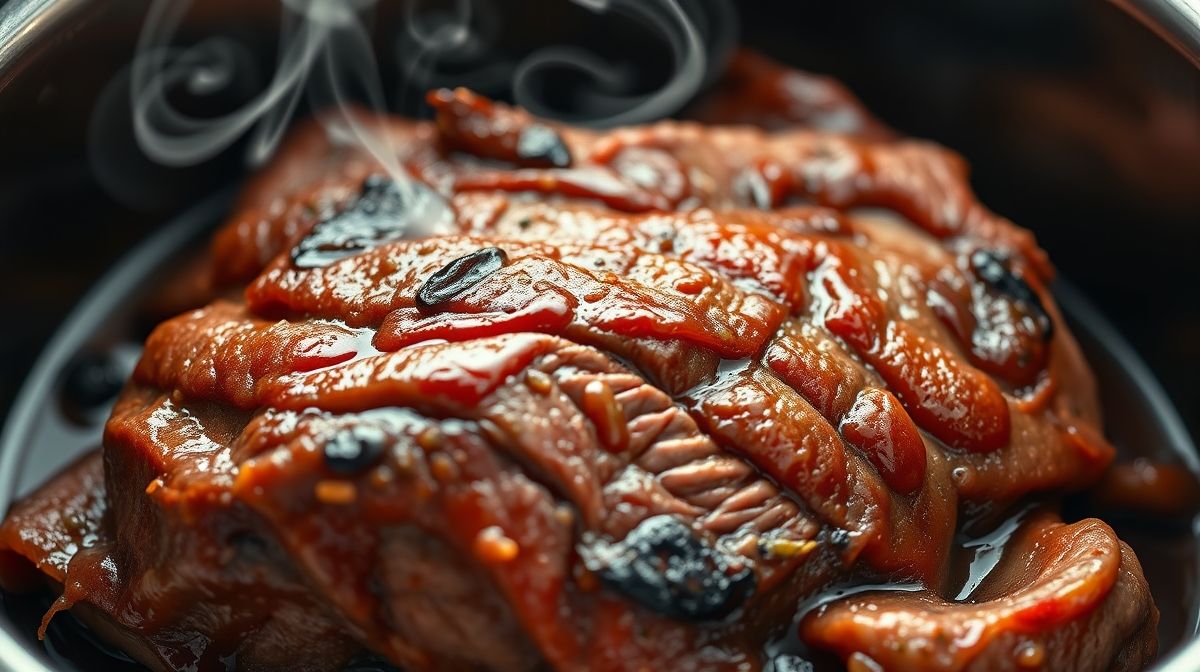 Close-up do acém cozido, carne desmanchando ao garfo com molho espesso brilhante