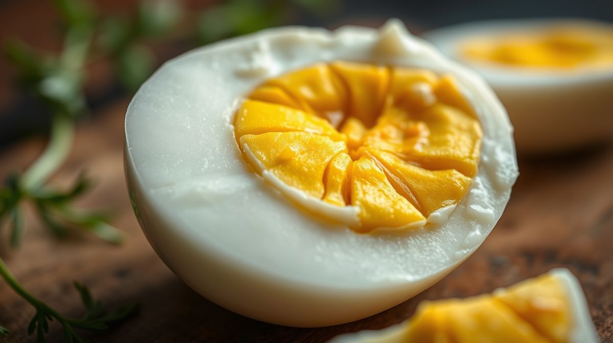 Close-up de um ovo cozido com gema dura e perfeita, destacando a textura lisa da clara e a cor uniforme da gema.