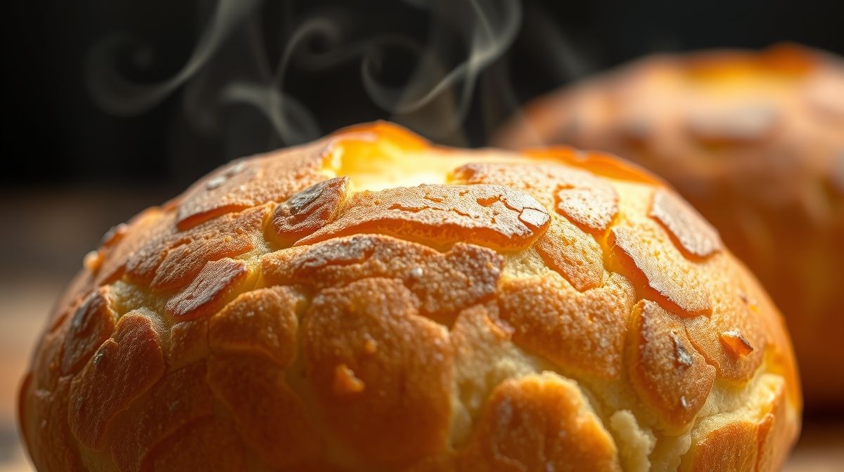 Close-up destacando a textura dourada e macia do pão de queijo fit pronto