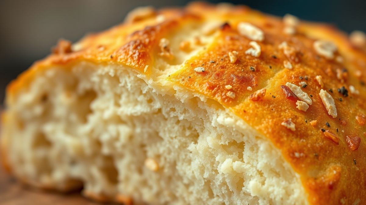 Close-up de um pão de queijo fit rachadinho mostrando o interior macio