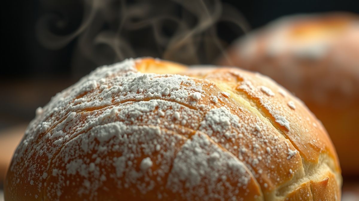 Close-up do pãozinho pronto, mostrando a textura macia e dourada