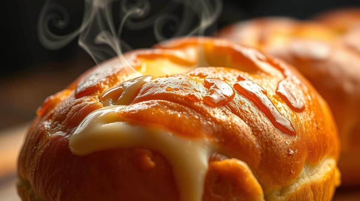 Close-up de um pãozinho de tapioca recém-assado aberto, mostrando interior macio e puxento com queijo derretido.