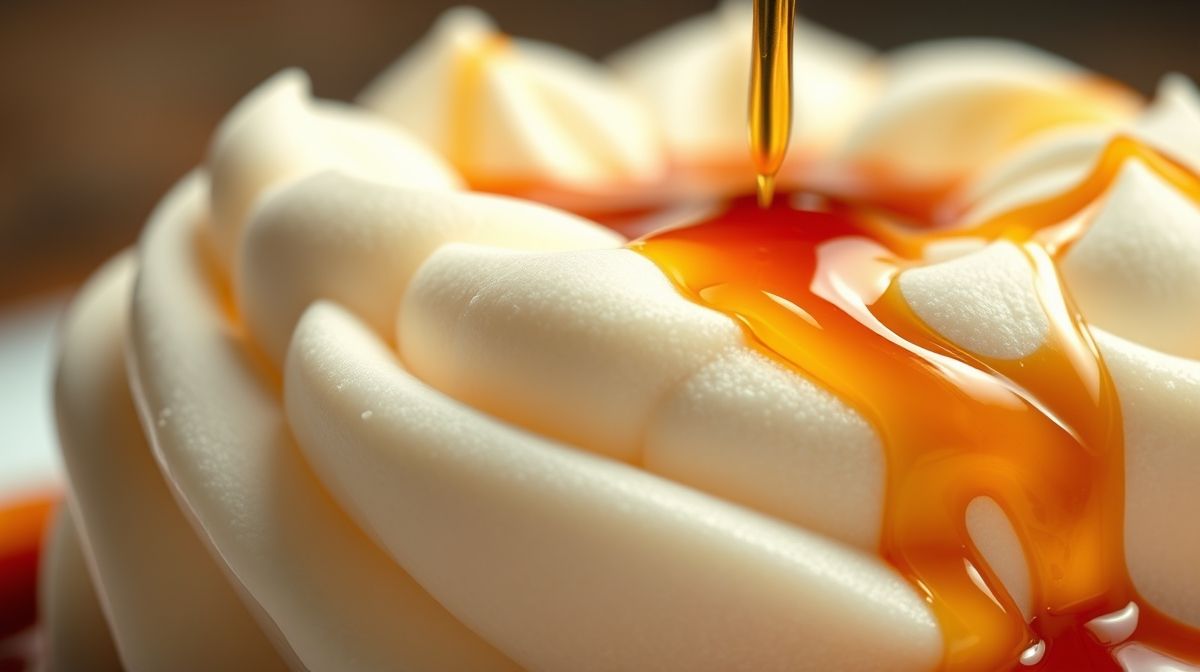 Close-up do pudim de claras pronto, mostrando a textura leve do interior e a calda caramelizada brilhante escorrendo.