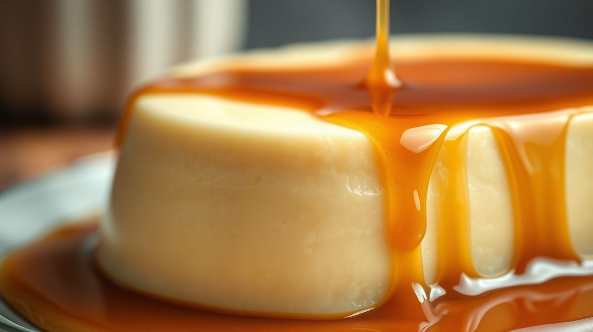 Close-up do pudim com caramelo escorrendo e textura cremosa