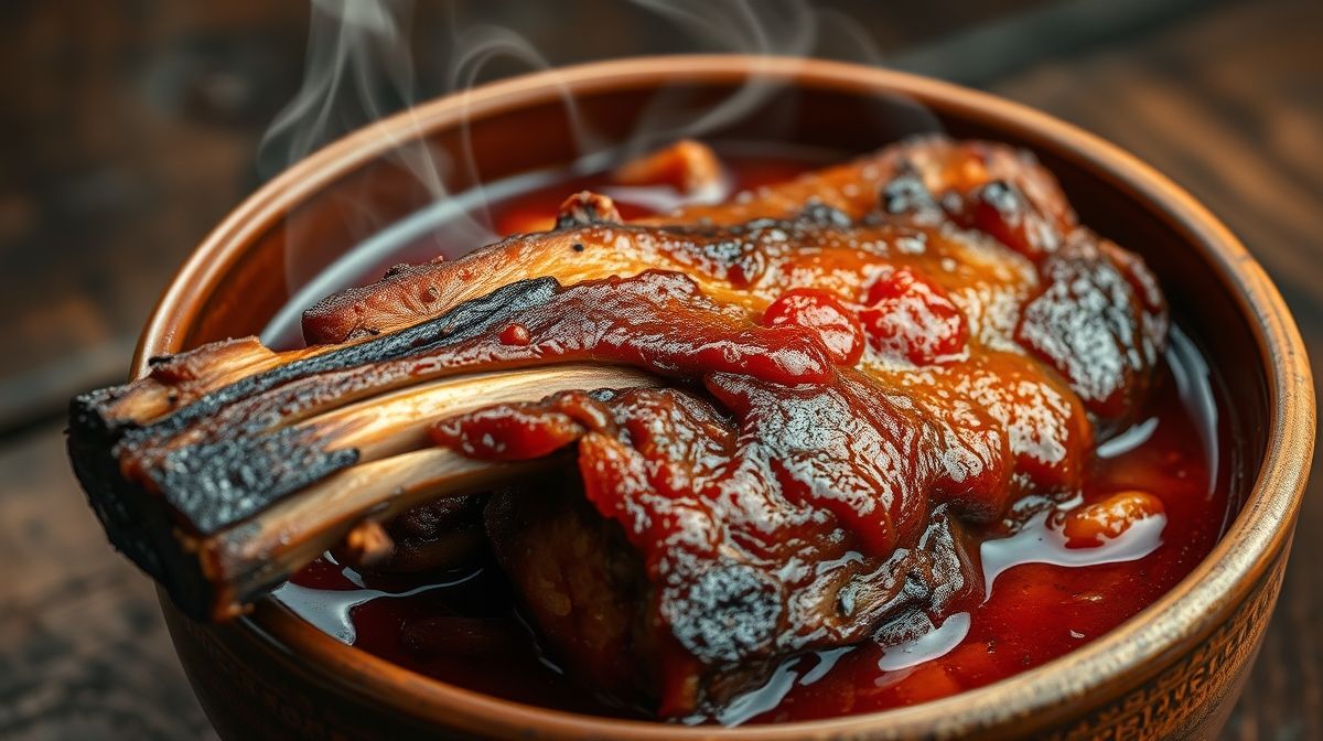 Close-up da carne de suã pronta, suculenta e soltinha do osso