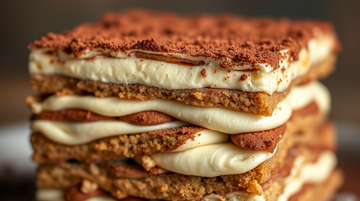 Close-up de uma colher retirando camadas do tiramisu, mostrando creme e textura.