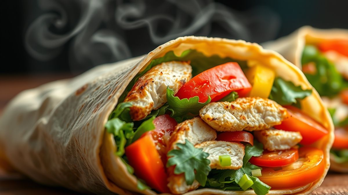 Close-up da metade do wrap cortado, mostrando o recheio colorido e cremoso